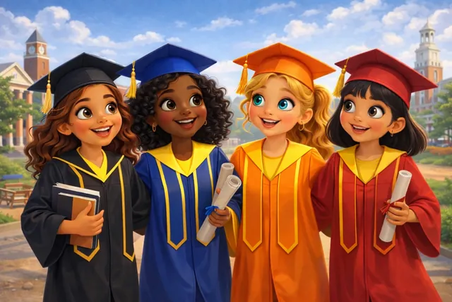 The four friends in caps and gowns