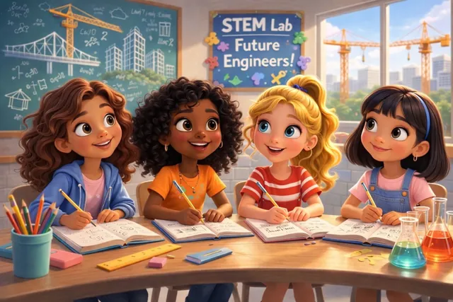 Sophia, Nya, Kelsey, and Lian writing in notebooks in a STEM lab