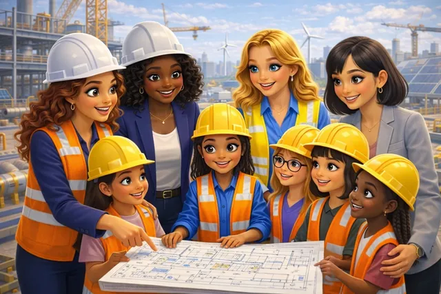 The four women mentor young girls in hard hats
