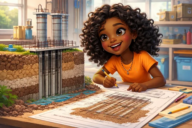 Nya studies a drawing of a building foundation