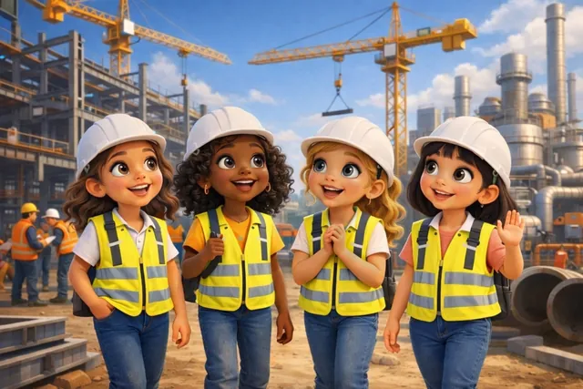 The four girls in hard hats and safety vests at a construction site