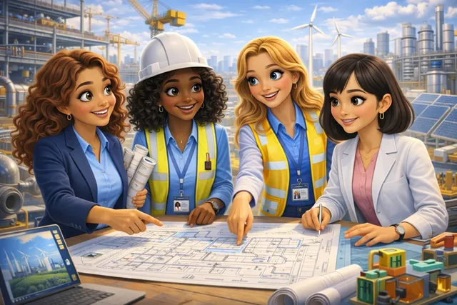 The four women review blueprints together