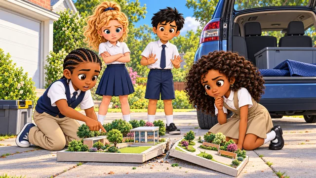 The kids look over their cracked model in the driveway