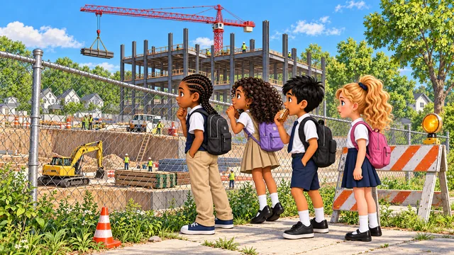 Four kids with backpacks look through a construction fence at a crane
