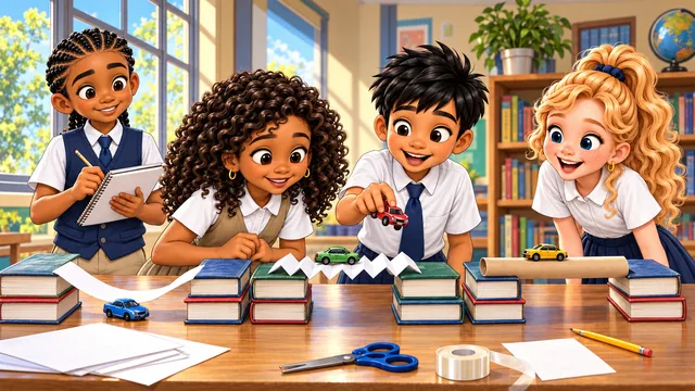 The kids test folded paper bridges between stacks of books