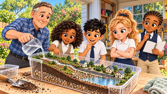 Mr. Hendricks pours water into a model neighborhood while the kids watch