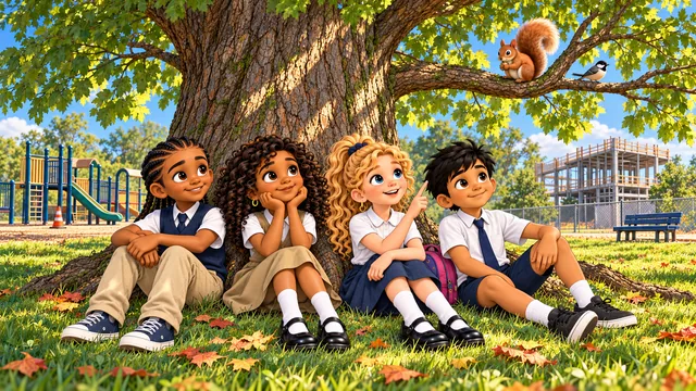 The four friends rest in the shade of a big tree