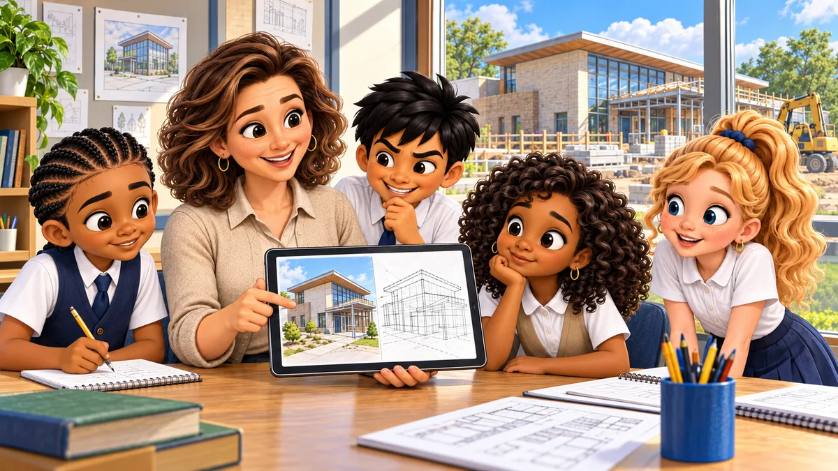 Ms. Green shows the kids a building's digital twin on a tablet