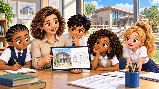 Ms. Green shows the kids a building's digital twin on a tablet