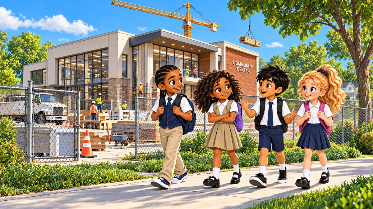 The four friends walking past the nearly finished community center