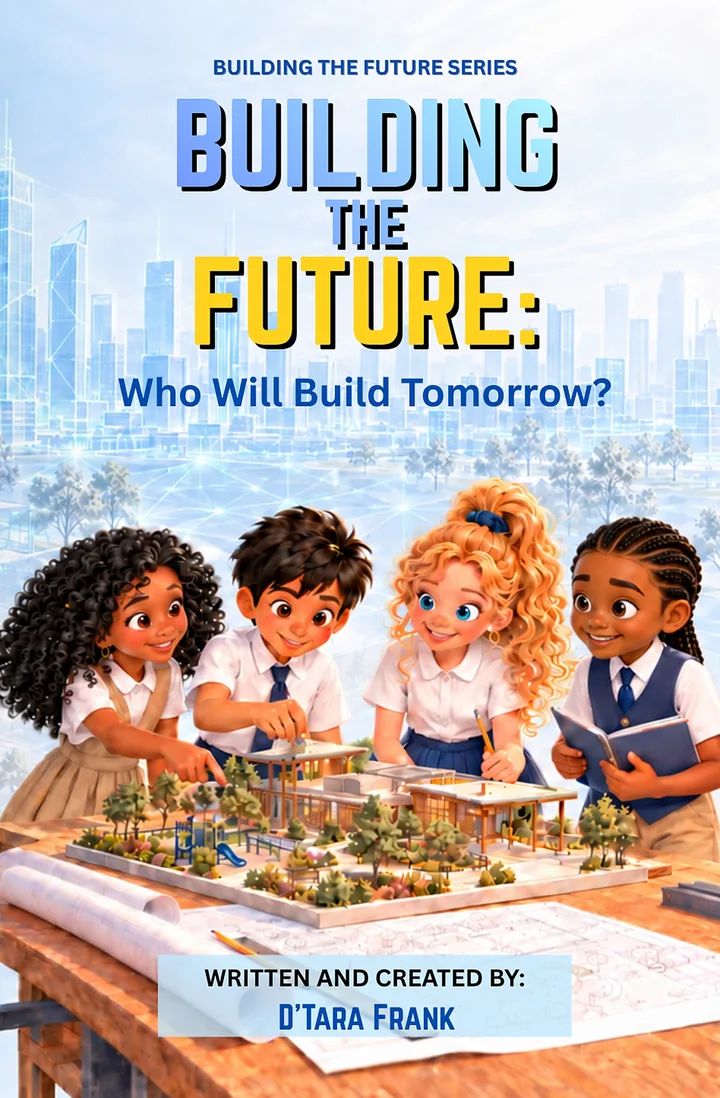 Cover of Building the Future: Who Will Build Tomorrow? Four kids lean over a model of a community center.