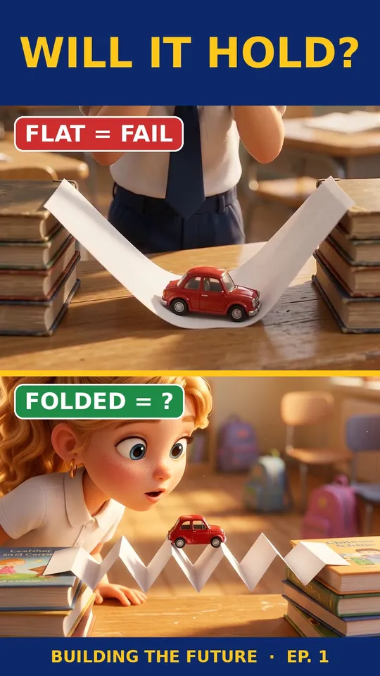 Episode 1 thumbnail: a flat sheet of paper sags under a toy car, and a folded zigzag bridge holds one up. Text reads Will it hold?